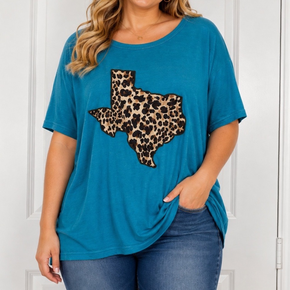 Southern Grace Womens 2XL Teal Blue Leopard Print Texas Patch Short Sleeve Top